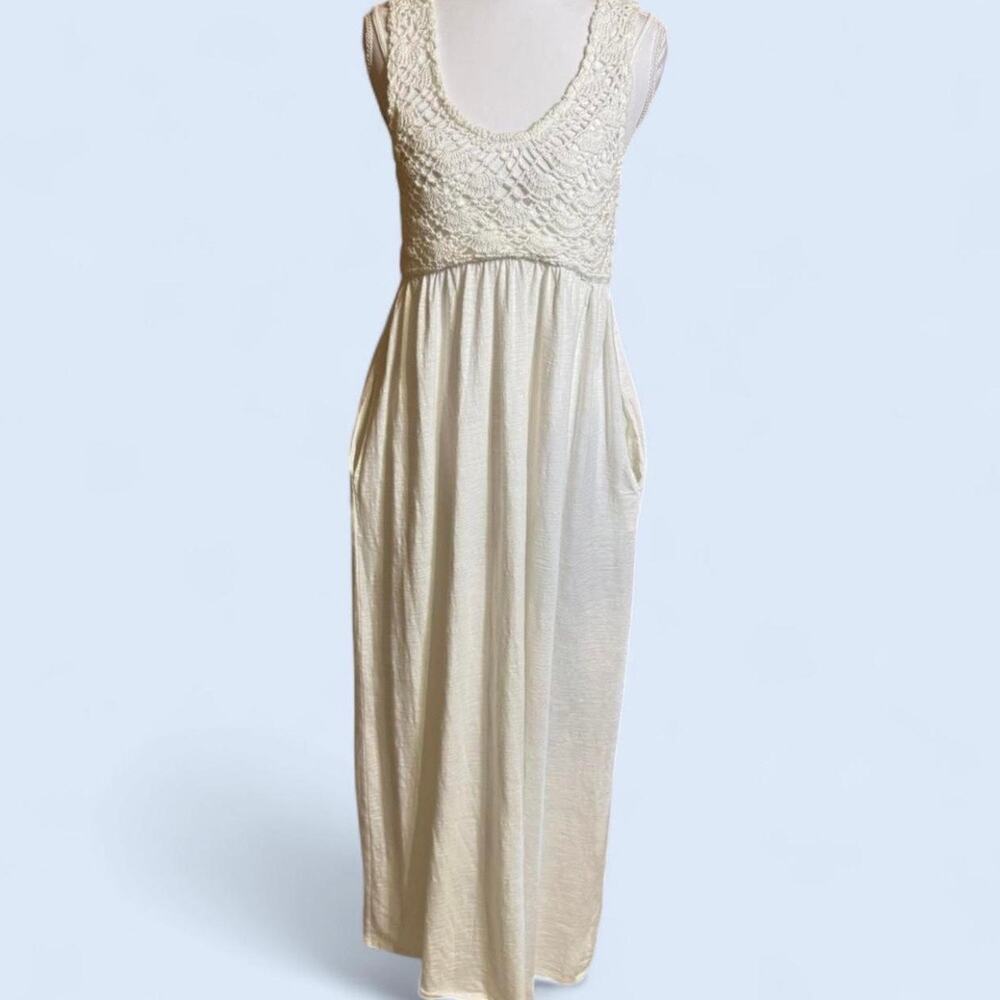 Aerie White Crochet Maxi Dress Small Petite Boho Cotton Pockets
